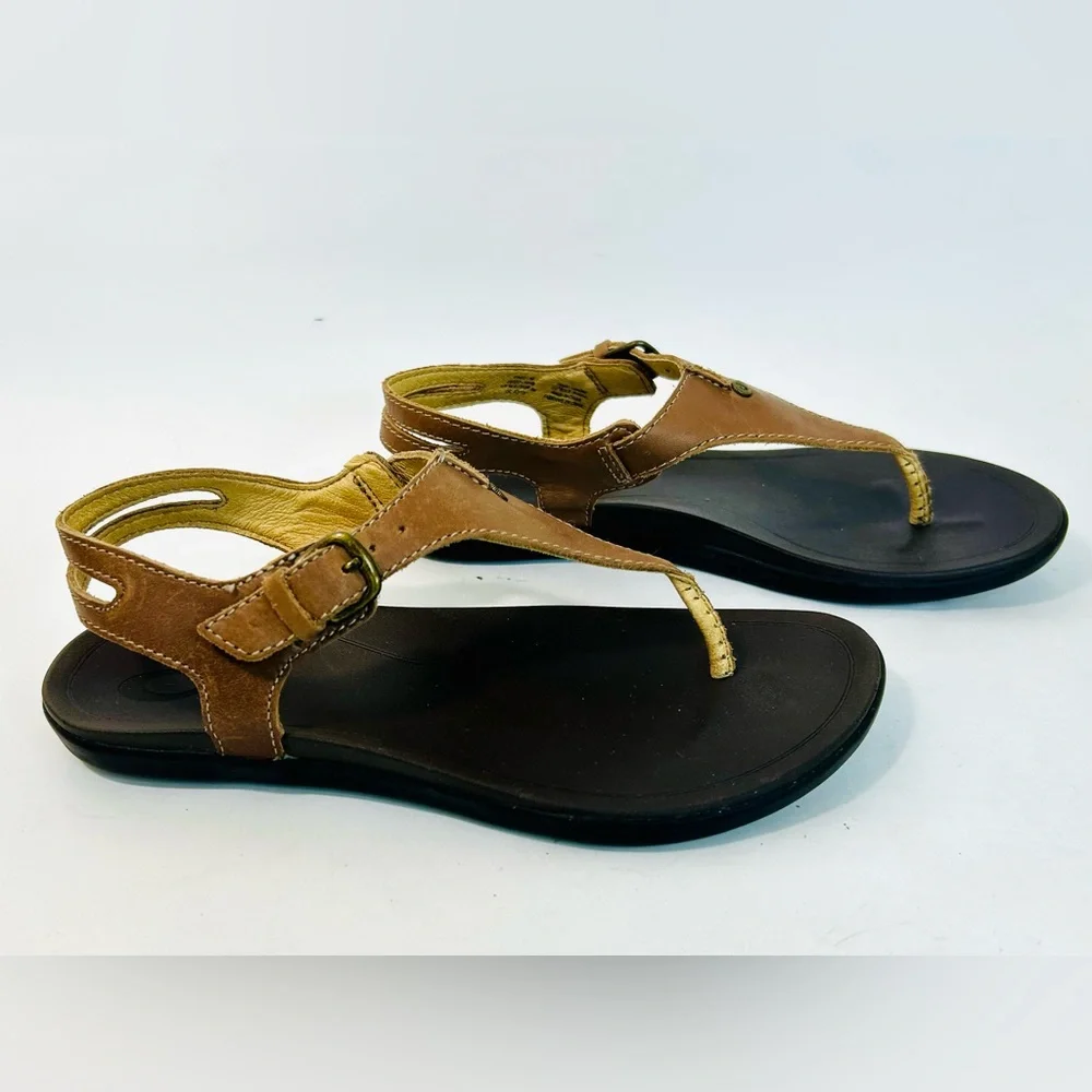 OluKai 'Eheu Thong Sandal in Kona Coffee Brown Leather size 6 - Picture 5 of 9